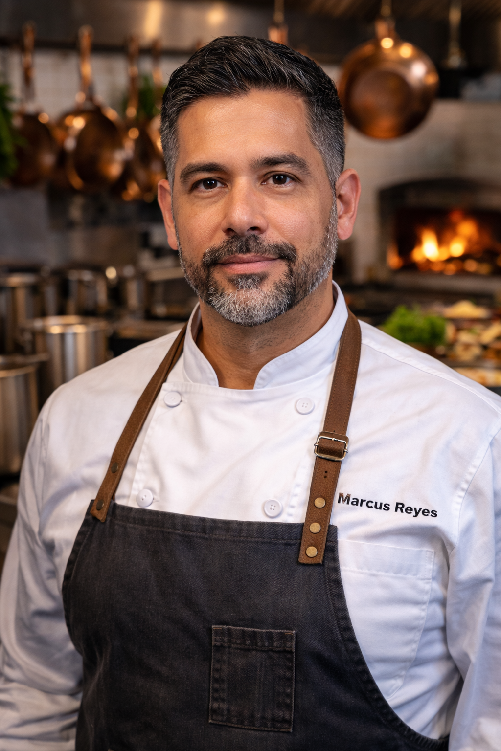 Chef Marcus Reyes at the wood-fired grill